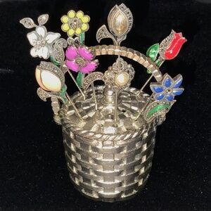 Vintage Lot Of 8 Judith Jack Sterling Enamel Floral Stick Pins In Silver Basket